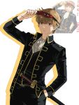  1boy ascot bkg0303 black_jacket black_vest brown_hair commentary_request derivative_work gintama hand_in_pocket highres jacket katana korean_commentary male_focus mask mask_on_head okita_sougo red_eyes reference_inset sheath sheathed sleep_mask solo sword upper_body vest weapon white_ascot 
