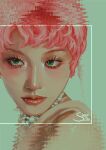  1girl absurdres artist_name blush chisa_(xg) east_asian expressionless from_side green_background green_eyes highres jewelry long_eyelashes looking_to_the_side mole mole_on_cheek necklace pink_hair portrait real_life realistic short_hair simple_background sleepi_lizz solo xg_(group) 