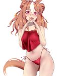  1girl :d absurdres animal_ears banhmixiumai bare_shoulders breasts commentary copano_rickey_(umamusume) english_commentary fang highres horse_ears horse_girl horse_tail large_breasts looking_at_viewer multicolored_hair navel open_mouth orange_hair panties simple_background smile solo tail umamusume underwear white_hair 