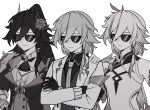  3girls absurdres birthday chinese_clothes chinese_commentary closed_mouth commentary_request crossed_arms fu_hua fu_hua_(blood_voivode) fu_hua_(night_squire) fu_hua_(phoenix) gloves greyscale high_ponytail highres honkai_(series) honkai_impact_3rd jacket monochrome multiple_girls nanguatudou_dunpaigu necktie partial_commentary ponytail suit_jacket sunglasses video_available 