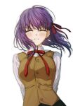  1girl 44_032 blush breasts brown_vest fate/stay_night fate_(series) hair_ribbon heaven's_feel highres homurabara_academy_school_uniform large_breasts long_hair long_sleeves matou_sakura neck_ribbon open_mouth purple_hair red_ribbon ribbon school_uniform shirt simple_background smile solo vest white_background 