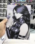  1girl art_tools_in_frame artist's_hand_in_frame breasts commentary english_commentary from_side highres long_hair looking_at_viewer marker_(medium) marvel parted_lips photo_(medium) psylocke purple_hair signature sleeveless solo stanley_lau traditional_media x-men 