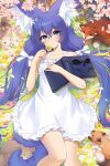  1girl absurdres ahoge animal_ear_fluff animal_ears blue_eyes book bow commentary dress english_commentary faenibun flower fox glasses hair_bow highres holding holding_book long_hair lying on_back orange_flower original pink_flower shadow solo sundress tail twintails white_bow white_dress white_flower yellow_flower 