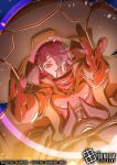 1girl aqua_eyes broken_helmet cockpit commentary_request company_name copyright_logo copyright_name copyright_notice gloves gundam gundam_age gundam_age-1 gundam_age-1_normal gundam_card_game kakashino_kakato logo mecha mecha_pilot_suit mobile_suit normal_suit_(gundam) official_art open_mouth outstretched_arms purple_eyes purple_hair reaching reaching_towards_viewer reflection robot science_fiction tears v-fin yurin_leciel 