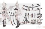  1girl animal_ears asymmetrical_legwear black_jacket black_shirt black_shoes black_socks bottle chibi chibi_inset commentary_request commission cropped_shirt fox_ears fox_girl fox_tail full_body goggles goggles_on_head highres jacket leg_wrap long_hair multiple_views off_shoulder open_clothes open_jacket paredo red_eyes reference_sheet scabbard sheath shirt shoes skirt socks stuffed_toy sword tail very_long_hair water_bottle weapon white_hair white_skirt white_socks 