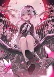  1girl :d beret black_choker black_dress black_hat black_shoes branch choker commentary dress flower gin_(gin937) gradient_hair hair_flower hair_ornament hat highres in_tree mahou_shoujo_no_majo_saiban moon multicolored_hair open_mouth pink_eyes pink_hair sakuraba_ema shirt shoes short_hair sitting sitting_in_tree skeletal_wings smile socks solo tree untranslatable_commentary white_flower white_shirt white_socks wings witch_(manosaba) x_hair_ornament 