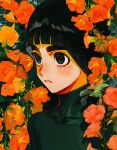  1boy absurdres black_eyes black_hair black_shirt blunt_bangs bowl_cut chinese_trumpet_vine commentary complementary_colors covered_collarbone english_commentary flower highres leaf lower_eyelashes_only m0_mo_momo male_focus naruto_(classic) naruto_(series) orange_flower plant rock_lee sanpaku shirt short_hair solo thick_eyebrows trumpet_creeper turtleneck upper_body 