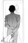  1boy 1girl absurdres alternate_universe arms_behind_back bkg0303 bleach bleach:_epilogue bouquet commentary_request doorway faceless faceless_female highres holding holding_bouquet inoue_orihime jacket korean_commentary long_skirt skirt suit suit_jacket ulquiorra_cifer 