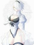  2b_(brief_respite)_(azur_lane) 2b_(nier:automata) azur_lane black_gloves black_hairband breasts cleavage commentary_request cowboy_shot gloves grn_tea_lat hair_over_one_eye hairband highres juliet_sleeves lace-trimmed_leotard lace_trim leotard long_sleeves medium_breasts mole mole_under_mouth nier:automata nier_(series) no_blindfold official_alternate_costume one_eye_covered puffy_sleeves shrug_(clothing) simple_background twitter_username white_background white_eyes white_leotard white_shrug 
