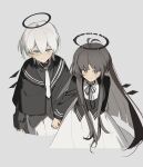  1boy 1girl aged_down arknights black_capelet black_eyes black_hair black_halo black_shirt black_wings blunt_bangs broken_halo capelet child closed_mouth cousins detached_wings energy_wings executor_(arknights) executor_(young)_(arknights) grey_background grey_eyes halo highres hime_cut holding_hands long_hair long_sleeves looking_at_viewer necktie note_nii shirt short_hair simple_background skirt virtuosa_(arknights) virtuosa_(young)_(arknights) white_hair white_necktie white_skirt wings 