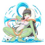  ankh anklet bangs bare_shoulders black_hair blunt_bangs blush bracelet breasts character_request frog_eyes frog_girl green_skin highres hood jewelry leaning_back long_hair long_tongue looking_at_viewer monster_girl multicolored multicolored_skin nipples open_mouth pelvic_curtain rantana_(lalalalackluster) simple_background slime solo spread_legs squatting tokyo_tenma tongue tongue_out topless water white_background white_skin yellow_eyes 