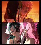  2girls absurdres alien_stage black_hair blood blood_on_face bruise bruise_on_face chain-link_fence commentary fence glasses gloves hand_on_another's_face highres holding holding_removed_eyewear injury long_hair mizi_(zombie_stage) multiple_girls orange_sky pink_hair purple_eyes short_hair sky sua_(zombie_stage) ukei_x_x unworn_eyewear very_short_hair white_gloves yellow_eyes yuri zombie_stage 