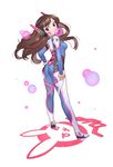  animal_print armor ass bangs bodysuit boots breasts brown_eyes brown_hair bubble bubble_blowing bunny bunny_print character_name chewing_gum d.va_(overwatch) facepaint facial_mark from_behind from_side gloves gwayo hand_on_hip headphones high_collar highres long_hair looking_back medium_breasts overwatch pilot_suit shoulder_pads simple_background solo swept_bangs thigh_boots thighhighs turtleneck v whisker_markings white_background white_footwear white_gloves 