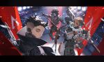  1boy 2girls absurdres android apex_commander_bangalore apex_legends ash_(titanfall_2) bangalore_(apex_legends) black_eyes black_hair black_jacket blue_eyes brown_eyes brown_hair commentary_request confetti cornrows cropped_jacket crypto_(apex_legends) eureka1812 g7_scout gloves gun hair_bun heterochromia highres holding holding_gun holding_sword holding_weapon hood hood_up jacket looking_at_viewer looking_up mercenary_mystique_ash mole mole_under_eye multiple_girls official_alternate_costume red_eyes rifle shoulder_cannon single_hair_bun sleeveless sleeveless_jacket sword the_hired_gun_crypto weapon white_gloves 