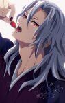  1boy absurdres commentary_request food fruit hair_between_eyes half-closed_eyes highres holding holding_food holding_fruit japanese_clothes kimetsu_no_yaiba kimono long_hair looking_at_viewer male_focus may_(illust_man_2020) open_mouth purple_kimono purple_nails red_eyes signature simple_background solo strawberry teeth tongue tongue_out upper_teeth_only uzui_tengen white_background 