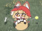  1girl animal_ear_fluff animal_ears arknights arknights:_endfield beleullin black_gloves blonde_hair bone chibi chibi_only commentary_request fang gloves highres hood korean_commentary nervous_sweating open_mouth rossi_(arknights) skin_fang sweat tail wolf_ears wolf_girl wolf_tail 