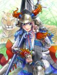  1boy :d armor blue_eyes bracer chiipao greaves helmet katou_kiyomasa_(sengoku_taisen) looking_at_viewer polearm sengoku_taisen sitting smile solo tiger weapon 
