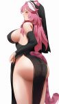  1girl absurdres animal_ears ass bare_shoulders black_coif black_dress black_sleeves blush breasts commentary covered_nipples detached_sleeves dress duplicate ears_through_headwear english_commentary fingernails from_behind hair_intakes highres hololive hololive_english large_breasts long_hair long_sleeves multicolored_hair nose open_mouth ozasdf panther_ears panther_girl panther_tail pink_hair pink_tail raora_panthera side_slit simple_background solo streaked_hair tail thighs two-tone_hair virtual_youtuber white_background white_hair yellow_eyes 