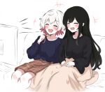  2girls alternate_costume black_hair black_shirt blue_shirt brown_shorts brown_skirt closed_eyes commentary_request couch gradient_hair laughing long_hair long_sleeves mahou_shoujo_no_majo_saiban multicolored_hair multiple_girls nikaido_hiro open_mouth pink_hair plaid_clothes plaid_shorts raifu_(rf) sakuraba_ema shirt short_hair shorts sitting skirt smile television white_background white_hair yuri 