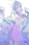  1girl absurdres artist_name bird bird_on_hand blue_hair bow bow_choker bracelet breasts bright_pupils choker commentary cowboy_shot dress eyeliner gloves green_eyes hair_between_eyes halo hand_up head_wings highres holding holding_microphone_stand honkai:_star_rail honkai_(series) jewel_under_eye jewelry long_hair looking_at_viewer luzi/fengli_nanzi makeup medium_breasts microphone_stand off-shoulder_dress off_shoulder official_alternate_costume parted_lips pearl_bracelet pink_eyeliner purple_choker purple_dress purple_gloves robin_(honkai:_star_rail) robin_(star_rail_live_2024)_(honkai:_star_rail) simple_background smile solo teeth two-tone_dress upper_teeth_only very_long_hair white_background white_dress white_wings wings 