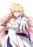  1girl absurdres archetype_earth arcueid_brunestud azami_masurao blonde_hair breasts cleavage commentary_request dress gloves gold_trim hair_between_eyes highres large_breasts long_hair open_mouth reaching reaching_towards_viewer red_eyes smile solo tsukihime tsukihime_(remake) very_long_hair white_background white_dress white_gloves 