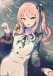  1other :d absurdres akiyama_mizuki aoi_eno asenai_ima_wo_ayatte_(project_sekai) black_shirt blurry blurry_background bow bowtie buttons commentary depth_of_field fingernails fireworks frilled_shirt frills green_ribbon hair_ribbon high_side_ponytail highres light_blush long_hair long_sidelocks long_sleeves night official_alternate_costume official_alternate_hair_ornament open_mouth other_focus outdoors pants pink_eyes pink_hair ponytail project_sekai puffy_long_sleeves puffy_sleeves ribbon shirt side_ponytail sidelocks smile solo sparkler tongue upper_body white_bow white_bowtie white_pants 