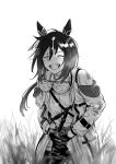  1girl :d ^_^ animal_ears blush closed_eyes collared_shirt cowboy_shot dot_nose ear_covers feather_hair_ornament feathers film_cartridge gloves goggles goggles_around_neck grass greyscale hair_between_eyes hair_ornament hands_on_own_stomach highres horse_ears horse_girl knife_sheath kumunatsu laughing long_hair low_ponytail monochrome multicolored_hair open_clothes pants ponytail raised_eyebrow sheath shirt smile solo stay_gold_(sunlit_outsider)_(umamusume) stay_gold_(umamusume) streaked_hair tall_grass teeth tongue torn_clothes torn_pants torn_sleeves umamusume white_background wrist_belt 