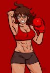  1girl abs alternate_costume arm_behind_head arm_up boxing_gloves breasts brown_eyes brown_hair brown_shorts cleavage commentary cowboy_shot danganronpa_(series) danganronpa_2:_goodbye_despair dark-skinned_female dark_skin english_commentary eyelashes fartmeister9000 grin hair_between_eyes highres medium_hair midriff muscular muscular_female navel owari_akane red_background red_sports_bra shorts simple_background smile solo sports_bra sweat tan teeth 