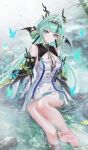  1girl absurdres aqua_hair arknights arknights:_endfield bare_legs bare_shoulders barefoot black_hair blue_butterfly blue_eyes breasts bug butterfly chinese_commentary cleavage closed_mouth colored_extremities commentary_request detached_sleeves dragon_horns dress eastern_dragon_horns feet green_hair hair_ornament highres horns legs long_hair looking_at_viewer minuolin multicolored_hair partially_submerged pointy_ears si_(arknights) sitting smile soles solo streaked_hair toes very_long_hair very_low_bun water white_dress zipper 