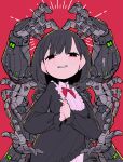  1girl absurdres black_dress black_eyes black_hair blunt_bangs bow collared_dress cyborg dress emphasis_lines extra_arms frilled_dress frills highres iwako_(eiken3kyuboy) light_blush looking_at_viewer mecha_musume mechanical_arms medium_hair original own_hands_clasped own_hands_together red_background red_bow simple_background single_eyebrow smile 