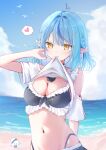  1girl :| ahoge aqua_nails arm_at_side bikini black_bikini blue_hair blue_sky bow bow_bikini braid breasts capuchi_(111cappuccino) cleavage closed_mouth clothes_in_mouth clothes_lift cloud commentary day elf fingernails frilled_bikini frills hair_intakes hair_ornament hand_up heart heart_ahoge highleg highleg_bikini highres hololive horizon large_breasts lifting_own_clothes looking_at_viewer medium_hair mouth_hold nail_polish navel ocean off-shoulder_shirt off_shoulder outdoors pointy_ears shirt shirt_in_mouth shirt_lift side_braids simple_bird sky solo speech_bubble spoken_heart standing stomach swimsuit upper_body virtual_youtuber white_shirt x_hair_ornament yellow_eyes yukihana_lamy 