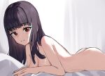  1girl ass black_hair blunt_bangs breasts cleavage commentary_request completely_nude curtains grin long_hair looking_at_viewer lying nude on_bed on_stomach original red_eyes smile solo solokitsune sweatdrop 
