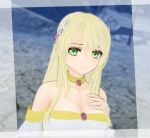  3d 3d_background blonde_hair breasts chest_jewel choker closed_mouth commentary detached_sleeves dress english_commentary green_eyes hand_on_own_chest headgear jewelry koikatsu_(medium) looking_at_viewer mugenalien_ii rance_(series) sheila_helman sleeveless sleeveless_dress white_dress 