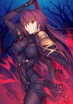  bad_id bad_pixiv_id bodysuit breasts brown_hair covered_nipples fate/grand_order fate_(series) hair_intakes long_hair medium_breasts polearm red_eyes scathach_(fate)_(all) scathach_(fate/grand_order) solo type-moon weapon yangsion 