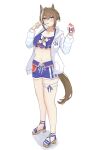  1girl animal_ears bikini bikini_shorts blue_bikini blue_eyes blue_swim_trunks blush braid breasts brown_hair cheval_grand_(summer_calm_navy_drop)_(umamusume) cheval_grand_(umamusume) cleavage commentary_request food hair_between_eyes half_up_braid half_up_half_down_braid heart heart_necklace highres holding holding_spoon hood hooded_jacket horse_ears horse_girl horse_tail jacket jewelry long_sleeves looking_at_viewer medium_breasts multicolored_hair navel necklace official_alternate_costume official_alternate_hairstyle open_clothes open_jacket rein_(user_kmes7822) sandals shaved_ice shorts simple_background solo spoon stomach streaked_hair swimsuit tail thigh_strap umamusume utensil_in_mouth white_background white_jacket white_streaks 