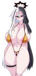  1girl absurdres bikini black_hair black_halo blue_archive breasts covered_nipples halo highres huge_breasts kai_(blue_archive) lazy_ant long_hair micro_bikini multicolored_hair navel side_slit split-color_hair swimsuit two-tone_hair white_hair 