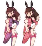  adapted_costume animal_ears anpolly arm_at_side blue_bodysuit bodysuit breasts brown_eyes brown_hair bunny_ears bunny_tail center_opening cowboy_shot cropped_legs cuffs d.va_(overwatch) eyebrows eyebrows_visible_through_hair facepaint facial_mark fake_animal_ears headphones headset long_hair looking_at_viewer medium_breasts microphone multiple_views overwatch pink_bodysuit pout shoulder_pads simple_background skin_tight tail thigh_strap variations waving whisker_markings white_background 