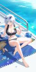  1girl absurdres ahoge bare_arms bare_legs bare_shoulders barefoot beach_mat bikini black_bikini blue_eyes blue_hair blue_nails breasts cleavage collarbone dripping earrings eyewear_on_head food front-tie_bikini_top front-tie_top highres holding holding_food holding_popsicle hoop_earrings jewelry large_breasts long_hair looking_at_viewer mole mole_on_thigh multicolored_hair nail_polish naru_0 navel original parted_lips popsicle shoulder_tattoo sidelocks solo stomach sunglasses swimsuit tattoo thighs toenail_polish toenails two-tone_hair very_long_hair water white_hair 