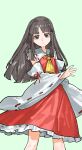  1girl ascot brown_eyes brown_hair chinese_commentary commentary_request detached_sleeves frilled_skirt frills green_background hakurei_reimu highres kori_morri long_hair looking_at_viewer no_hair_bow red_skirt ribbon-trimmed_sleeves ribbon_trim simple_background skirt skirt_set solo touhou yellow_ascot 