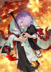  1boy autumn_leaves bishounen black_pants black_sandals blue_hair blurry blurry_foreground braid commentary_request from_above full_body ghost hakama hakama_pants highres holding holding_umbrella hoshirube_sho hoshirube_sho_(3rd_costume) japanese_clothes kimono leaf long_hair long_sleeves looking_down male_focus multicolored_hair nagikiho nijisanji oil-paper_umbrella otomo_(hoshirube_sho) pants purple_hair sandals solo streaked_hair tabi umbrella virtual_youtuber white_kimono wide_sleeves zouri 