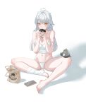  1girl absurdres ahoge bag bare_shoulders barefoot bird black_bird breasts camisole cellphone cleavage collarbone commentary crop_top cup dashu_1230 disposable_coffee_cup disposable_cup feet full_body groin hair_between_eyes highres holding holding_cup large_breasts long_hair looking_at_viewer midriff nail_polish navel panties paper_bag parted_lips phone qingming_bird_(zenless_zone_zero) shadow sidelocks simple_background single_hair_intake single_sock sitting smartphone socks solo_focus stirrup_legwear strap_slip toeless_legwear toenail_polish toenails toes underwear white_background white_camisole white_hair white_panties white_socks yellow_eyes yixuan_(zenless_zone_zero) zenless_zone_zero 