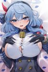  1girl absurdres ako_(blue_archive) bell black_gloves blue_archive blue_eyes blue_hair blue_jacket blush breasts buttons collar cowbell double-breasted gloves hair_between_eyes hair_ribbon hairband half_gloves halo highres huge_breasts jacket long_hair long_sleeves looking_at_viewer open_mouth ribbon san_(harutuki_3) sideboob smile solo underbust 