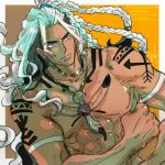 1boy abs artist_name bare_shoulders bead_necklace beads blue_eyes bob_cut bodypaint bow braid clenched_hand closed_mouth commentary_request dark-skinned_male dark_skin dreadlocks ear_piercing fatal_fury fatal_fury:_city_of_the_wolves feather_necklace feathers hair_bow jewelry long_hair male_focus muscular muscular_male native_american necklace neli_mmnn orange_background pectorals piercing ponytail rick_strowd signature simple_background smile snk solo tattoo topless_male white_hair 