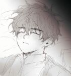  1boy aged_down black_hair blush choi_jongsu closed_eyes collared_shirt garbage_time greyscale highres lower_eyelashes_only lying male_focus messy_hair monochrome on_bed open_collar shirt short_hair simple_background sketch sweat ununtied white_background 