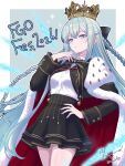  1girl artist_name black_bow black_cloak black_robe black_skirt blue_eyes bow braid breasts cloak commentary_request crown fate/grand_order fate_(series) fur-trimmed_cloak fur_trim hair_between_eyes hair_bow half_up_braid highres long_hair long_sleeves morgan_le_fay_(fate) morgan_le_fay_(fgo_fes._2026)_(fate) robe sidelocks signature skirt solo very_long_hair yamuimo 
