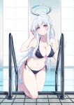  1girl bikini blue_archive blush breasts cleavage clov3r commentary_request halo halterneck highres korean_commentary large_breasts long_hair looking_at_viewer navel noa_(blue_archive) pool purple_eyes side-tie_bikini_bottom smile solo stomach string_bikini swimsuit thighs triangle_bikini_top wet white_hair 