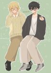  2boys absurdres alternate_costume antenna_hair basil_(faraway)_(omori) basil_(omori) bespectacled black-framed_eyewear black_cardigan black_shoes blonde_hair blush brown-framed_eyewear brown_pants cardigan closed_eyes closed_mouth commentary_request double-parted_bangs glasses green_background grey_pants grey_shoes hair_between_eyes hair_ornament hairclip highres jewelry looking_at_viewer male_focus multiple_boys omori pants parallel_hairclips ring romaji_text round_eyewear shirt shoes sleeves_past_wrists smile sneakers sunny_(omori) sweatdrop t-shirt translated white_shirt x_hair_ornament yuuabara 