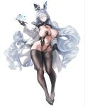  1girl aen9kec animal_ear_hairband animal_ears areola_slip black_gloves black_pantyhose black_shoes black_shrug body_writing breasts bright_pupils cleft_of_venus clothes_pull cup drink drinking_glass english_text fake_animal_ears female_pubic_hair full_body gloves grey_eyes grey_hair hairband heart heart_necklace high_heels highres jewelry large_breasts light_blush long_hair long_sleeves looking_at_viewer navel necklace nipples open_clothes open_shirt original pantyhose pantyhose_pull parted_lips profanity pubic_hair pumps pussy rabbit_ear_hairband rabbit_ears revealing_clothes shirt shoes shrug_(clothing) simple_background solo sparse_pubic_hair standing torn_clothes torn_pantyhose tray very_long_hair wavy_hair white_background white_pupils white_shirt 