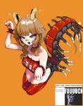  1girl abdomen_tail antennae arthropod_girl arthropod_limbs bandaid bandaid_on_face bandaid_on_nose bare_shoulders bell bow bra breasts brown_hair centipede_girl centipede_tail cleavage cleavage_cutout clothing_cutout colored_nipples colored_tongue green_nipples green_tongue highres indie_virtual_youtuber kneeling looking_at_viewer medium_breasts monster_girl naiyo_spede neck_bell orange_background paw_pose red_bra red_eyes sedua_weynn short_hair solo tail tail_bow tail_ornament thighs underwear virtual_youtuber 