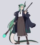  1girl absurdres book broken_horn commentary dragon_ears dragon_girl dragon_horns dragon_tail flat_chest glasses green_eyes green_hair green_horns gya_rb highres holding holding_book holding_staff horns humanization jade_(trickcal) long_hair pointy_ears shirt shoes skirt solo staff tail trickcal white_shirt 